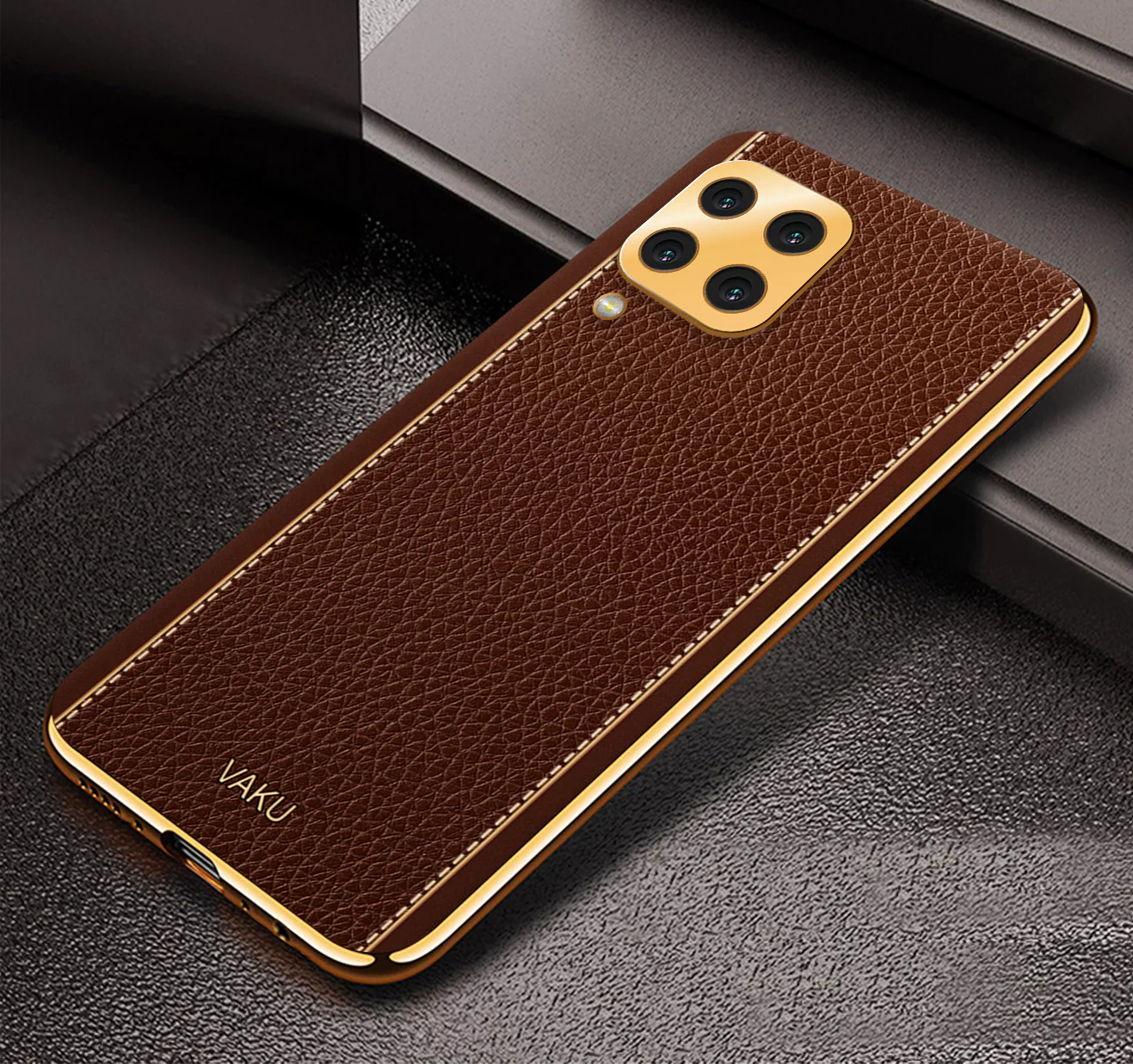 Vaku® Samsung Galaxy A12 Luxemberg Series Leather Stitched Gold Electroplated Soft TPU Back Cover - Image 9
