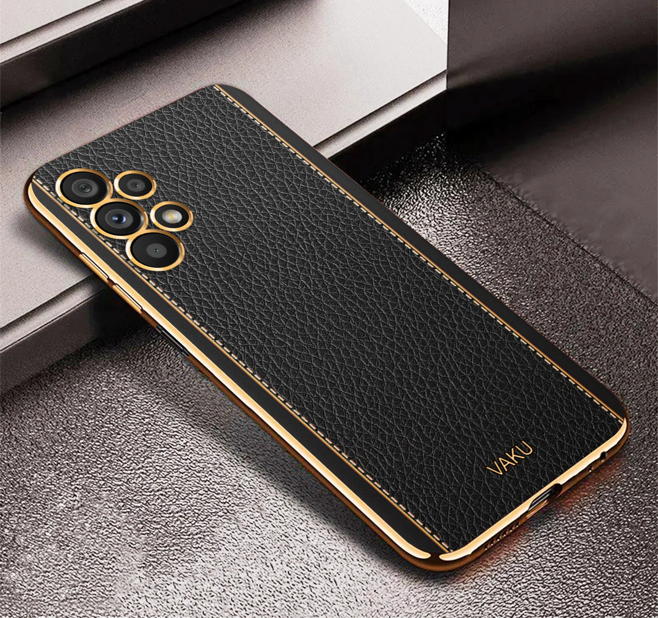 Vaku® Samsung Galaxy A13 Luxemberg Leather Stitched Gold Electroplated Soft TPU Back Cover - Image 3