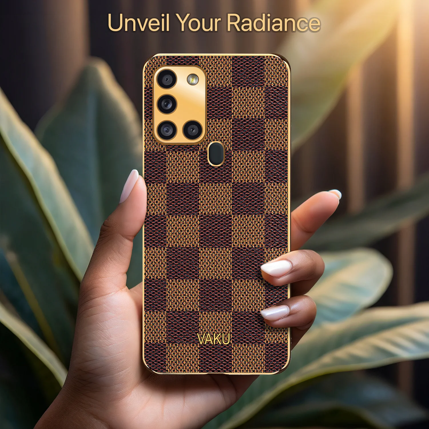 Vaku® Samsung Galaxy A21s Cheron Series Leather Stitched Gold Electroplated Soft TPU Back Cover - Image 4