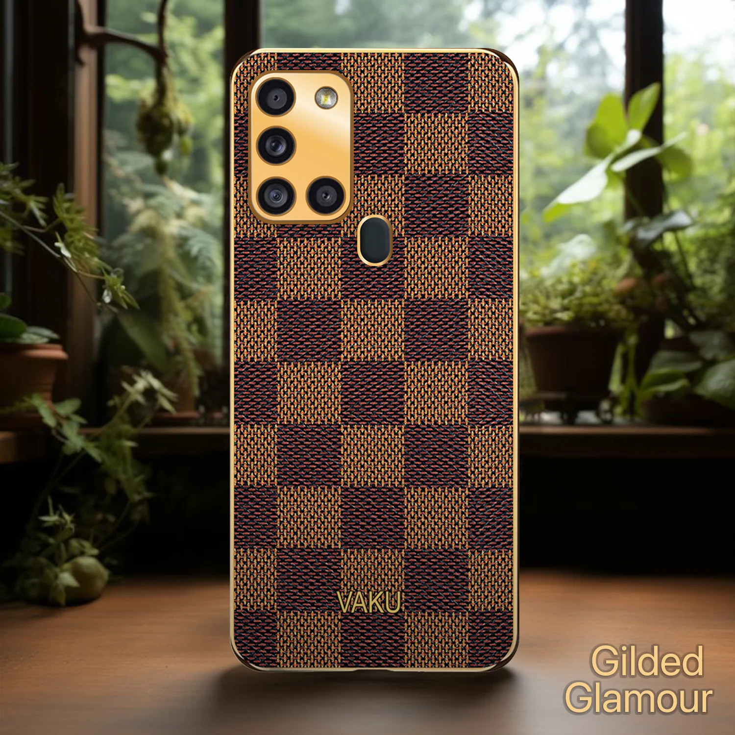 Vaku® Samsung Galaxy A21s Cheron Series Leather Stitched Gold Electroplated Soft TPU Back Cover - Image 6