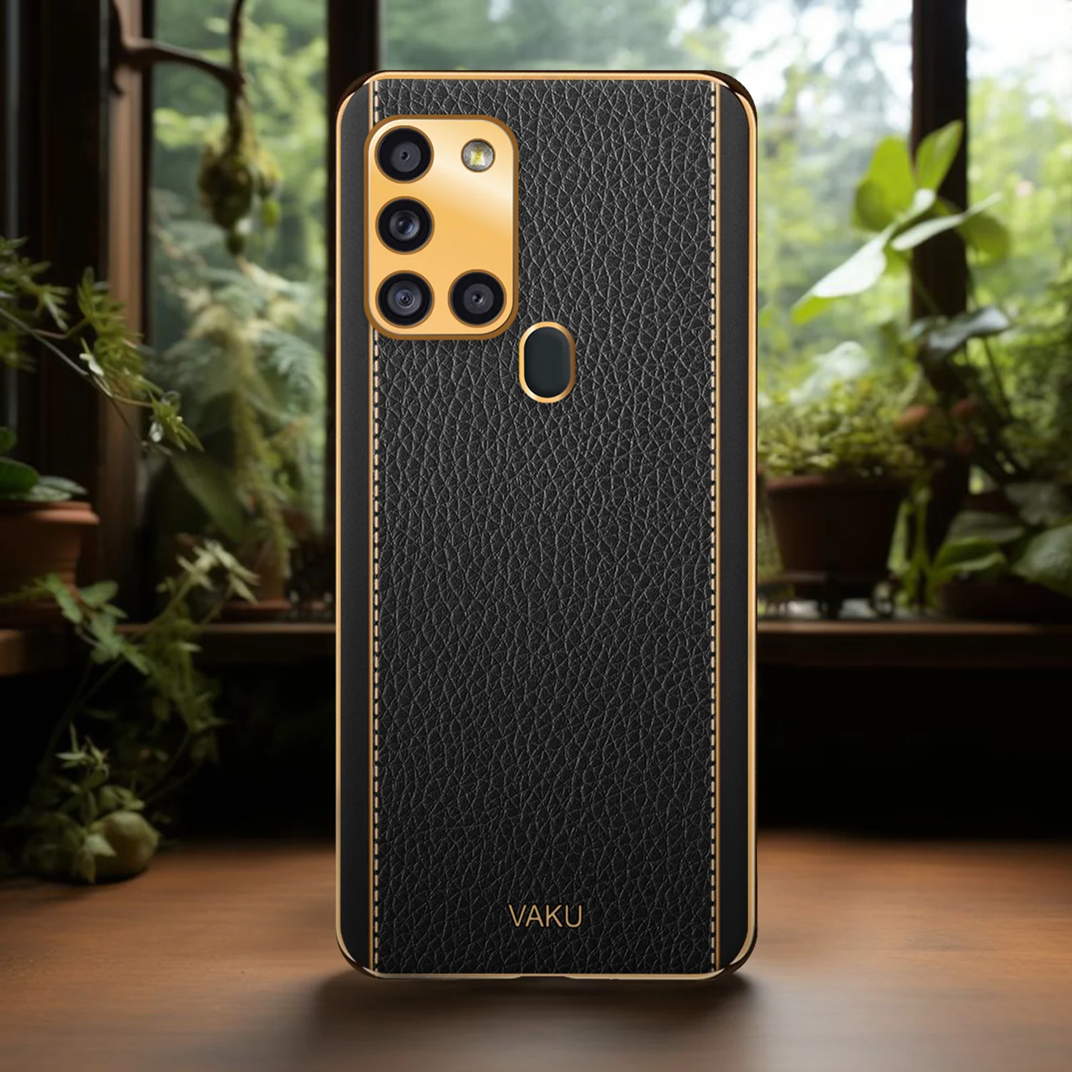 Vaku® Samsung Galaxy A21s Luxemberg Leather Stitched Gold Electroplated Soft TPU Back Cover - Image 10