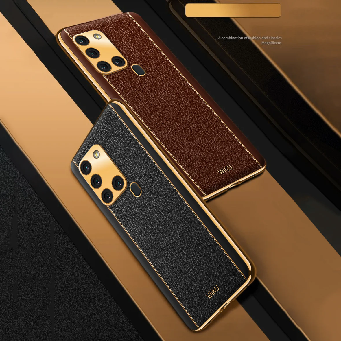 Vaku® Samsung Galaxy A21s Luxemberg Leather Stitched Gold Electroplated Soft TPU Back Cover - Image 11