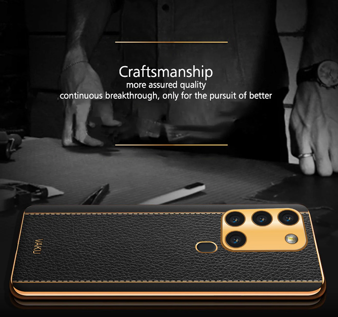 Vaku® Samsung Galaxy A21s Luxemberg Leather Stitched Gold Electroplated Soft TPU Back Cover - Image 3
