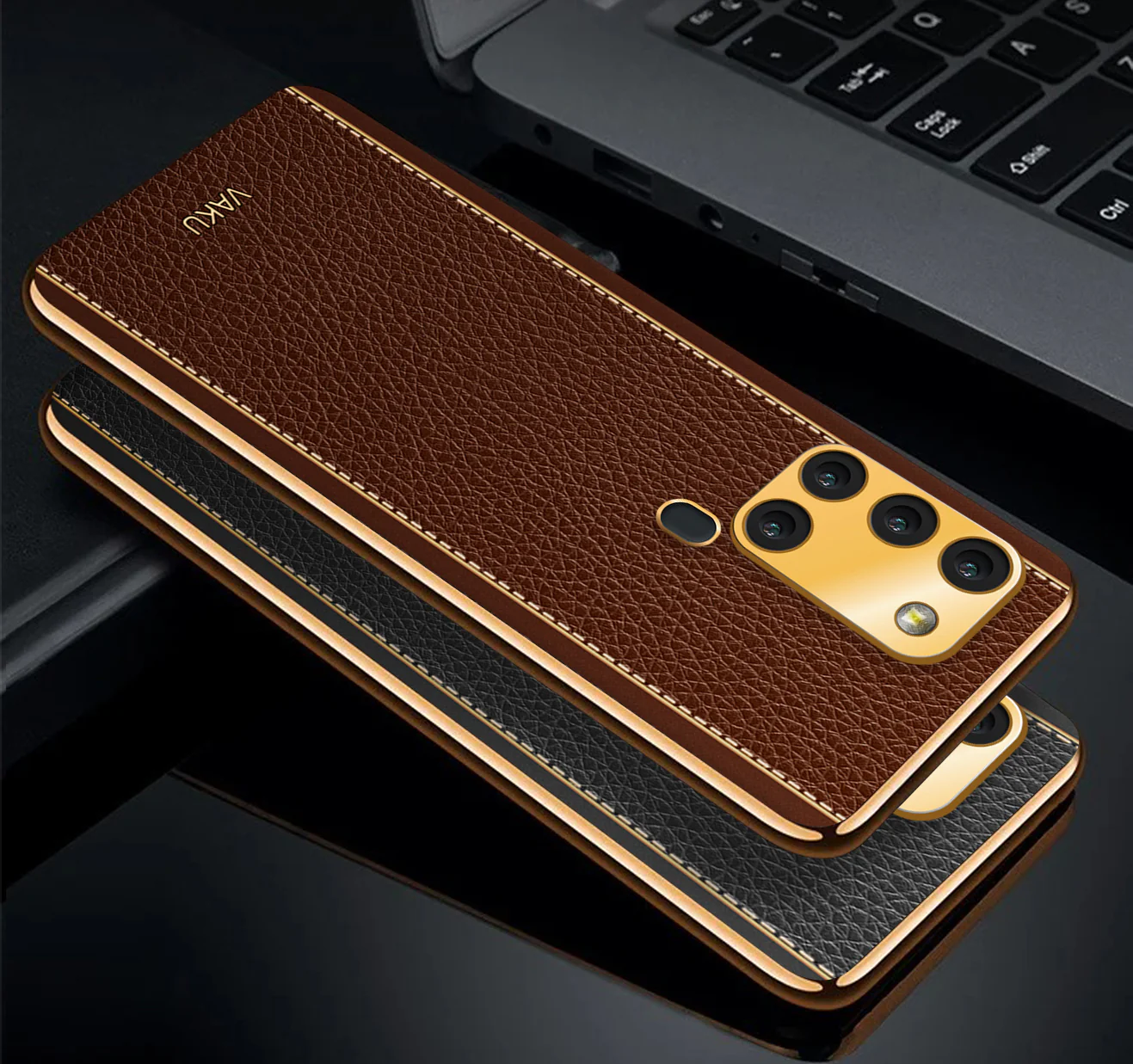 Vaku® Samsung Galaxy A21s Luxemberg Leather Stitched Gold Electroplated Soft TPU Back Cover - Image 6