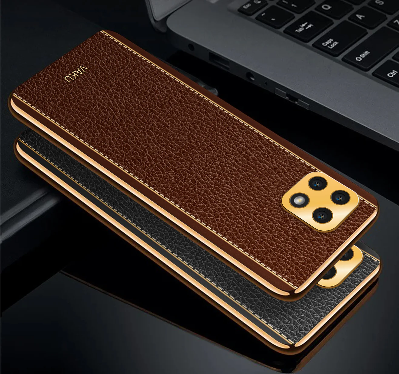 Vaku® Samsung Galaxy A22 5G Luxemberg Series Leather Stitched Gold Electroplated Soft TPU Back Cover - Image 4