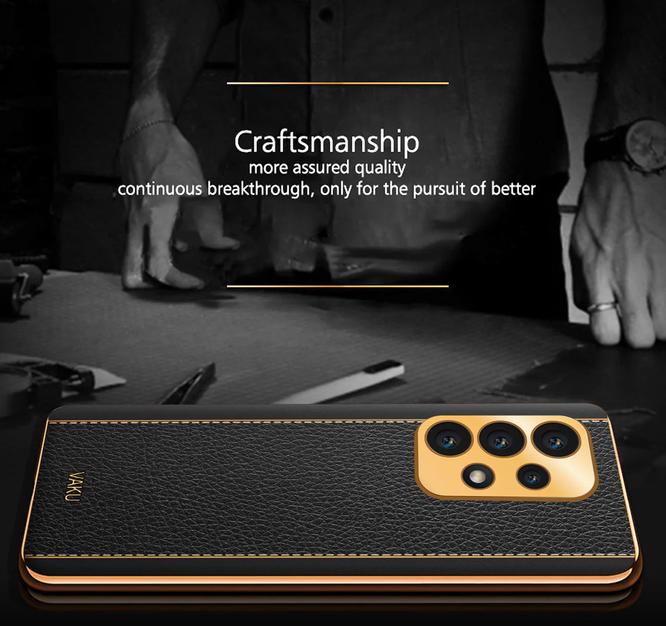 Vaku® Samsung Galaxy A23 Luxemberg Series Leather Stitched Gold Electroplated Soft TPU Back Cover - Image 3
