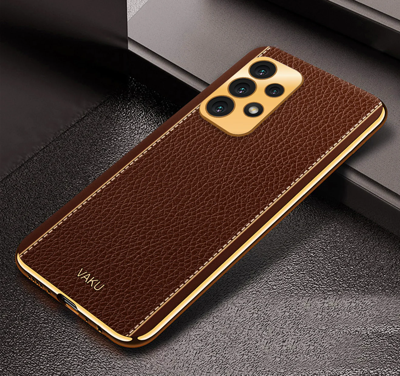 Vaku® Samsung Galaxy A23 Luxemberg Series Leather Stitched Gold Electroplated Soft TPU Back Cover - Image 5