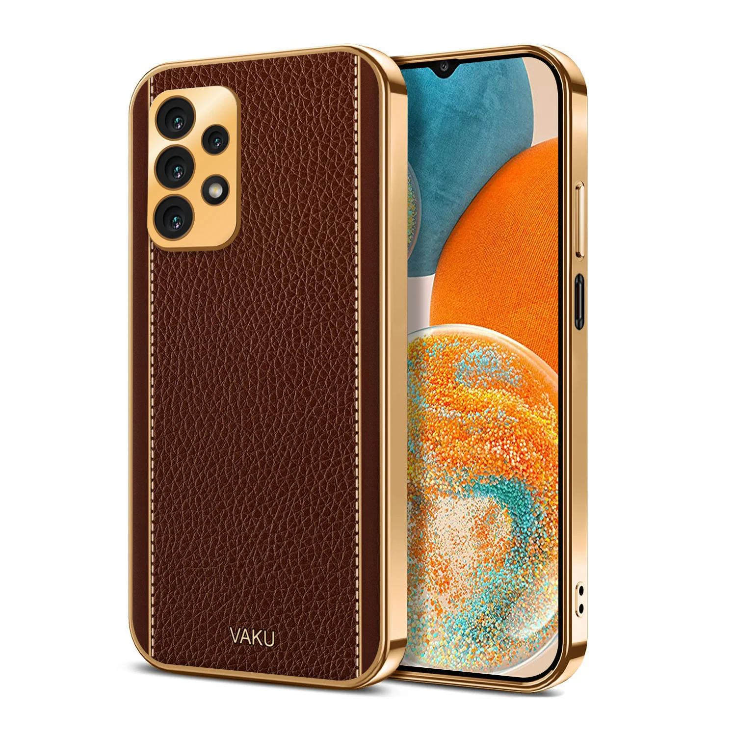 Vaku® Samsung Galaxy A23 Luxemberg Series Leather Stitched Gold Electroplated Soft TPU Back Cover - Image 9
