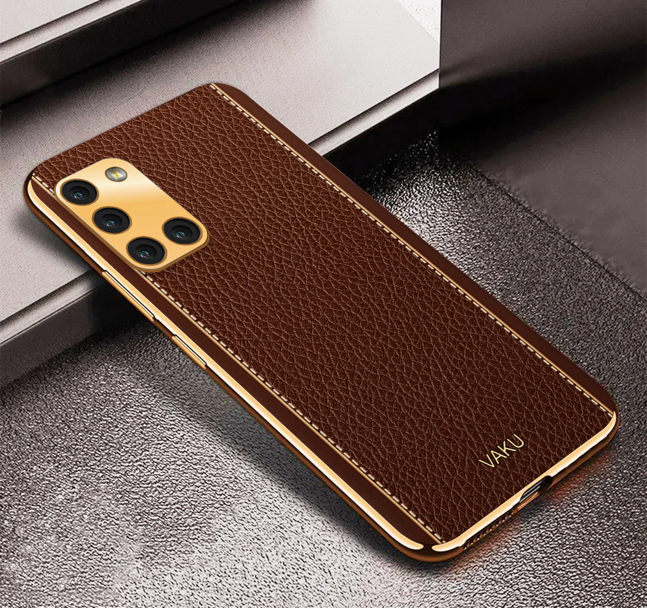 VakuĀ® Samsung Galaxy A31 Luxemberg Leather Stitched Gold Electroplated Soft TPU Back Cover