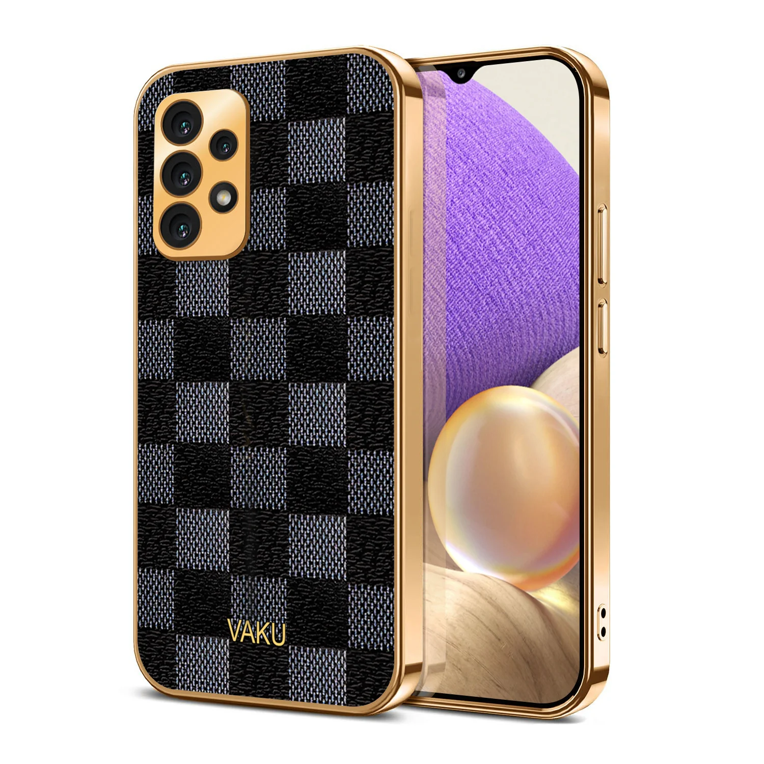 Vaku® Samsung Galaxy A33 5G Cheron Series Leather Stitched Gold Electroplated Soft TPU Back Cover - Image 2