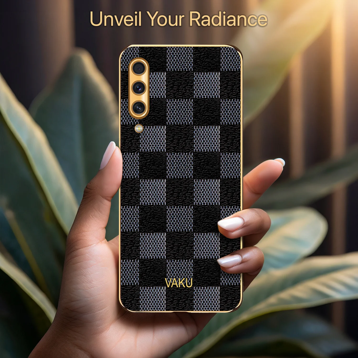 Vaku® Samsung Galaxy A50s Cheron Series Leather Stitched Gold Electroplated Soft TPU Back Cover - Image 4