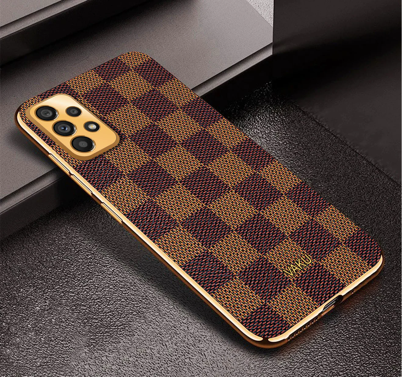 Vaku® Samsung Galaxy A53 5G Cheron Series Leather Stitched Gold Electroplated Soft TPU Back Cover - Image 3