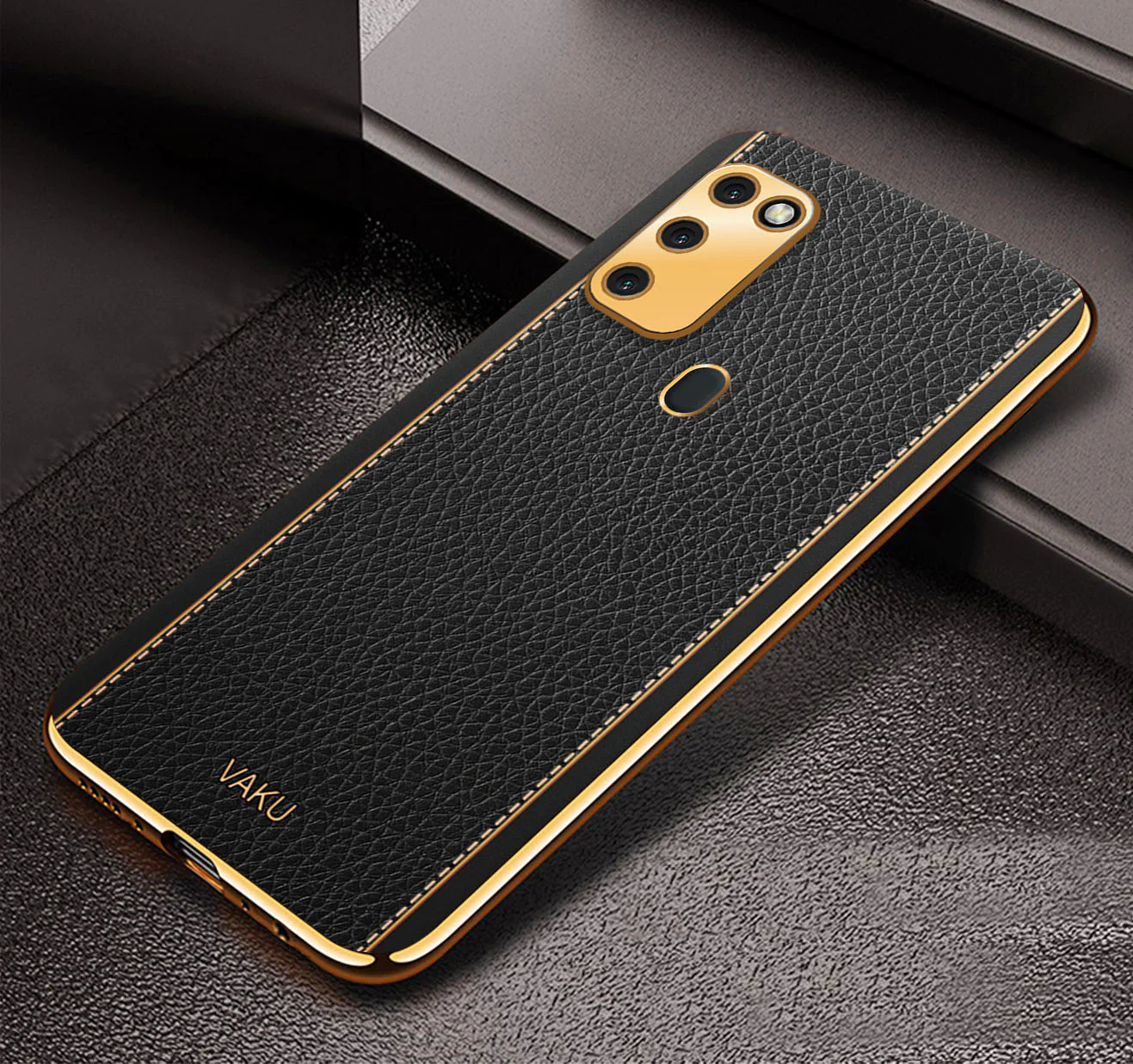 Vaku® Samsung Galaxy M30S Luxemberg Series Leather Stitched Gold Electroplated Soft TPU Back Cover - Image 4