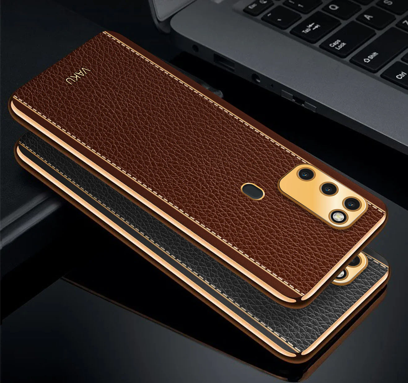 Vaku® Samsung Galaxy M30S Luxemberg Series Leather Stitched Gold Electroplated Soft TPU Back Cover - Image 9
