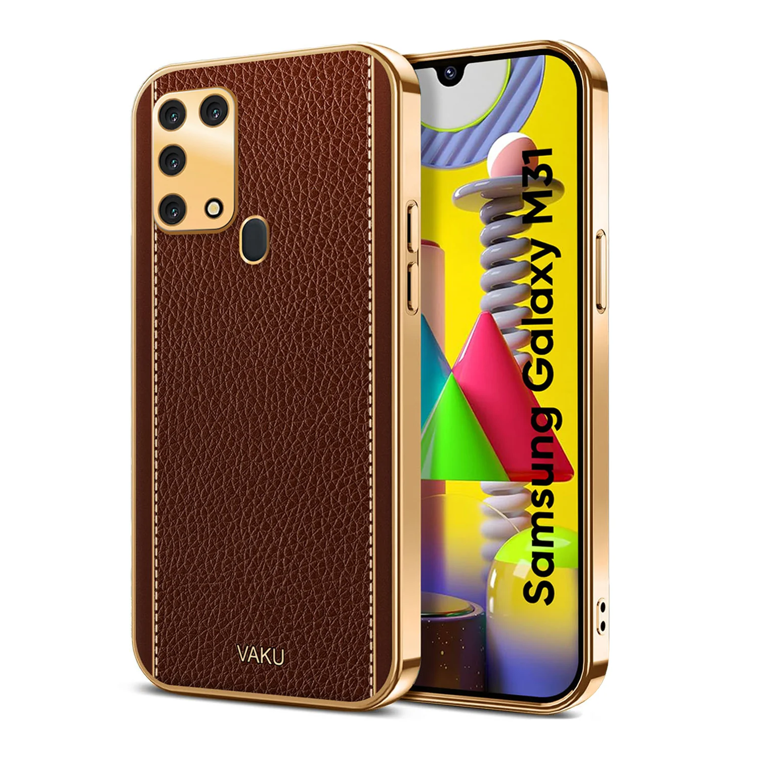 VakuĀ® Samsung Galaxy M31 Luxemberg Series Leather Stitched Gold Electroplated Soft TPU Back Cover - Image 5