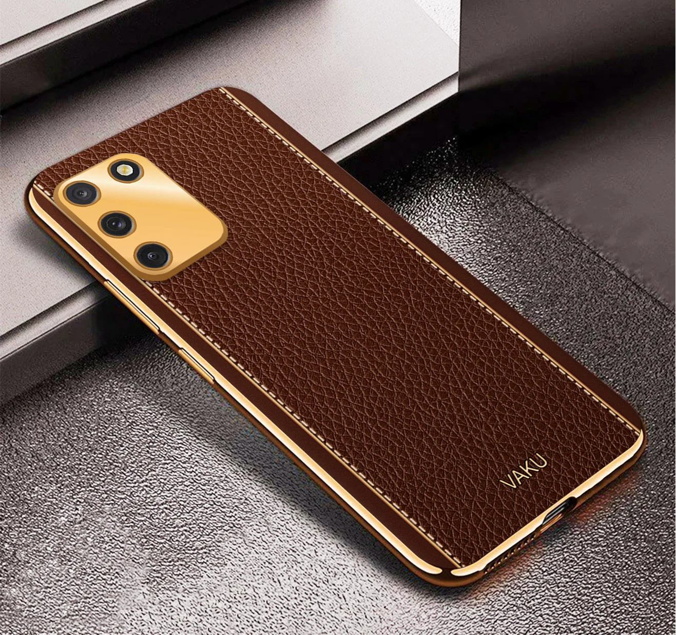 VakuĀ® Samsung Galaxy S10 Lite Luxemberg Series Leather Stitched Gold Electroplated Soft TPU Back Cover