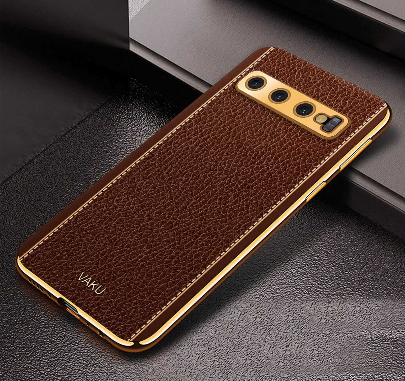 Vaku® Samsung Galaxy S10 Luxemberg Series Leather Stitched Gold Electroplated Soft TPU Back Cover - Image 7