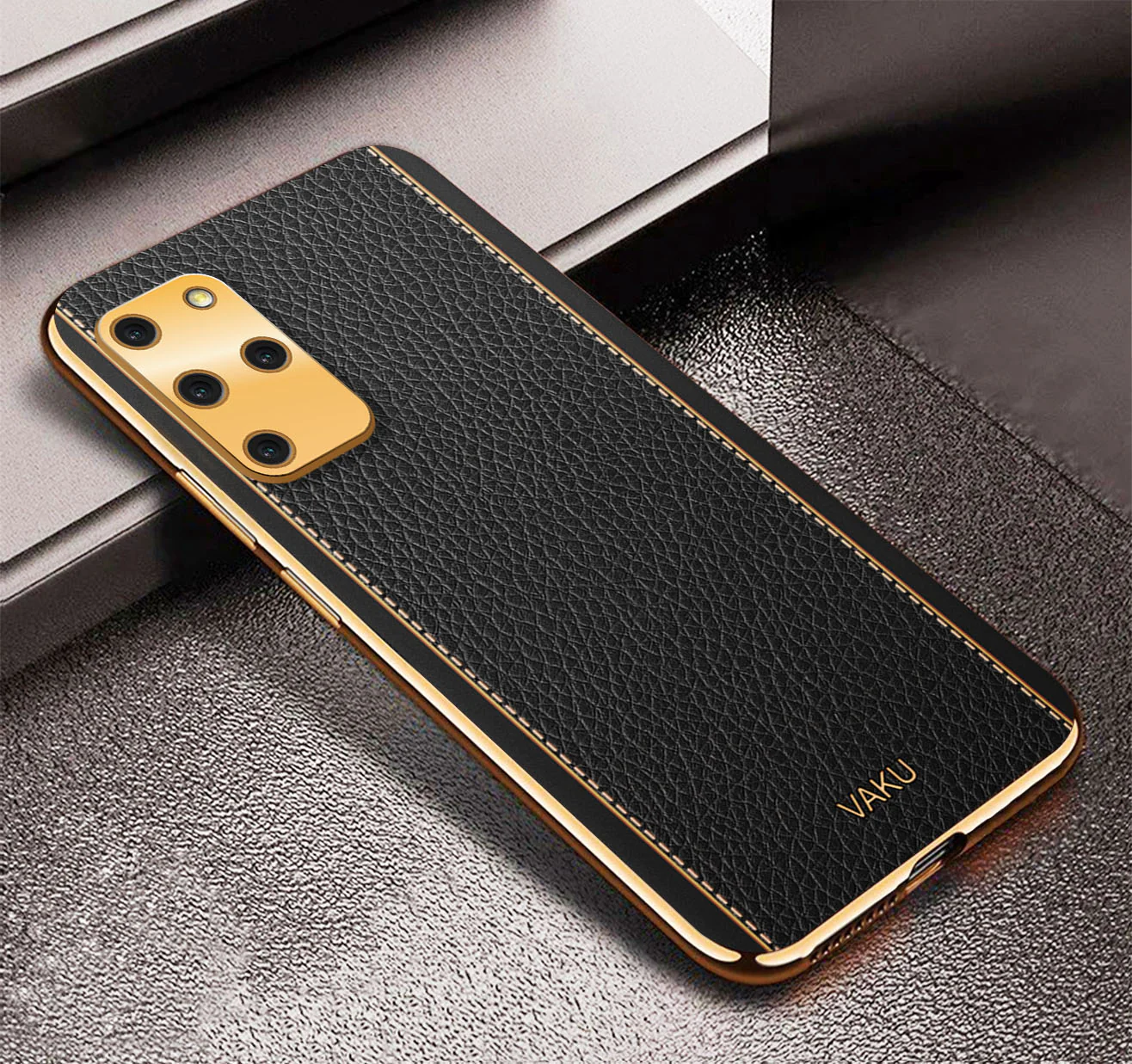 VakuĀ® Samsung Galaxy S20 Plus Luxemberg Series Leather Stitched Gold Electroplated Soft TPU Back Cover - Image 4