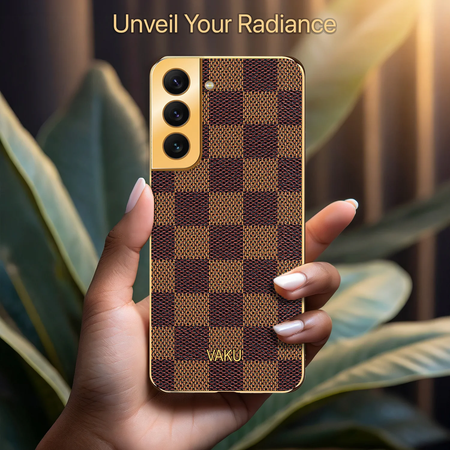 Vaku® Samsung Galaxy S21 Cheron Series Leather Stitched Gold Electroplated Soft TPU Back Cover - Image 7