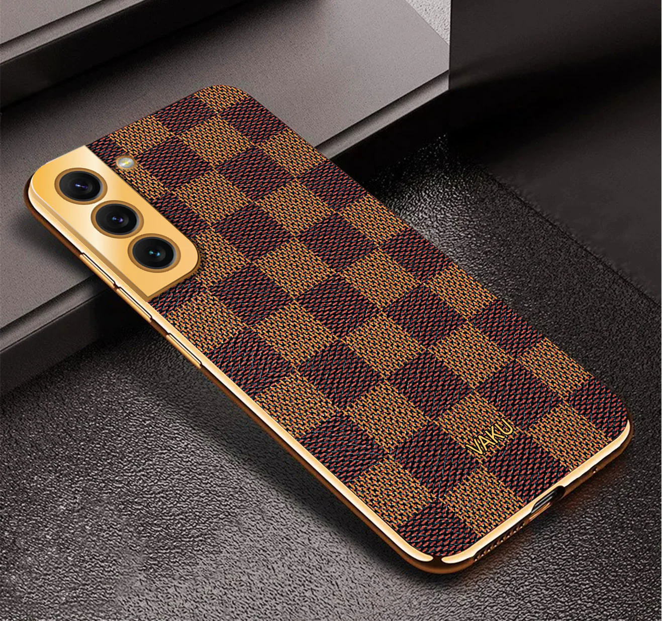 Vaku® Samsung Galaxy S21 Plus Cheron Series Leather Stitched Gold Electroplated Soft TPU Back Cover - Image 3