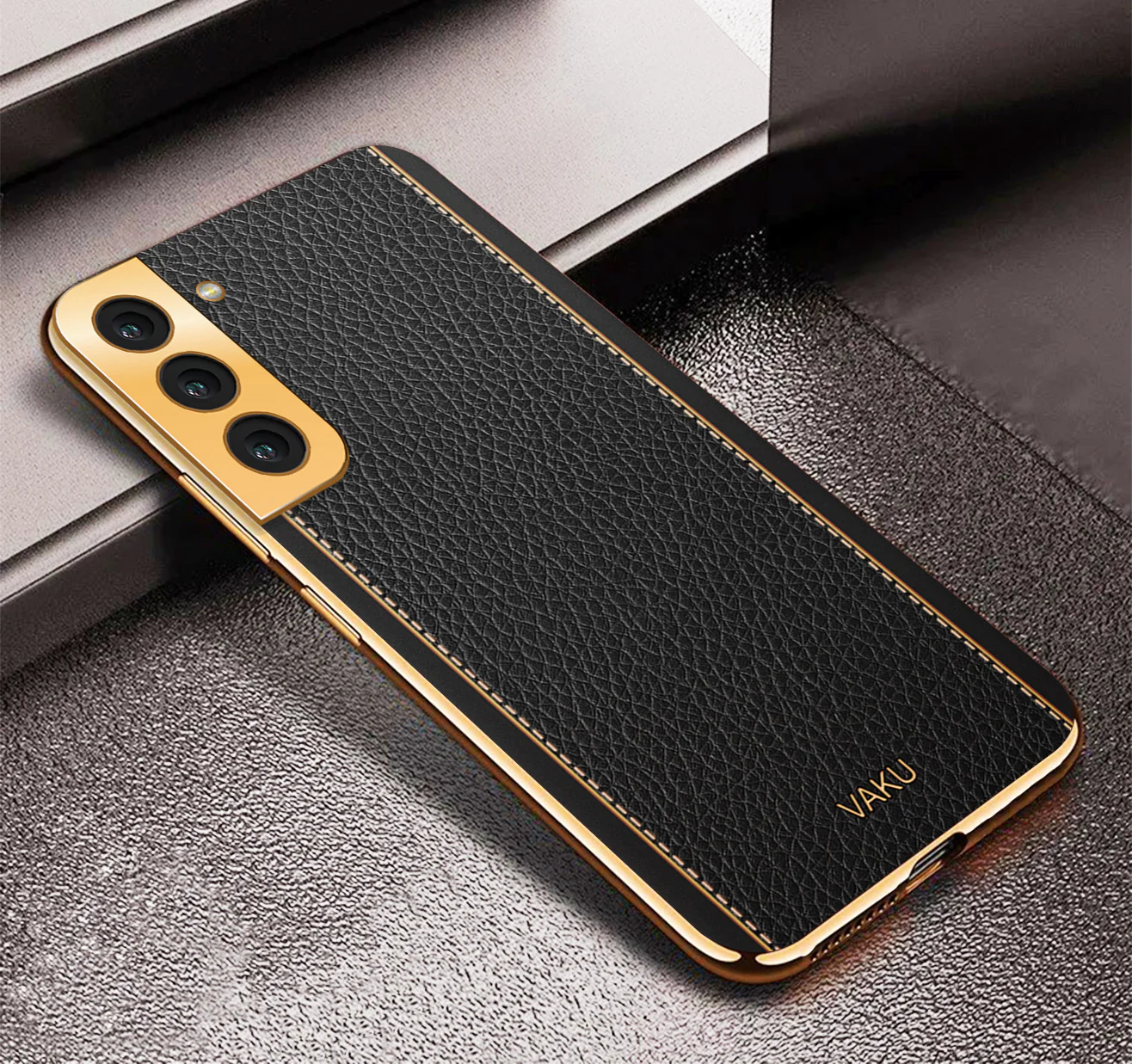 Vaku® Samsung Galaxy S21 Plus Luxemberg Series Leather Stitched Gold Electroplated Soft TPU Back Cover - Image 10