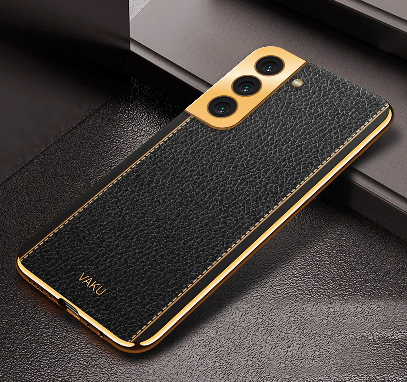 VakuĀ® Samsung Galaxy S22 Luxemberg Series Leather Stitched Gold Electroplated Soft TPU Back Cover - Image 2