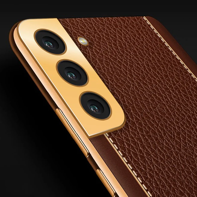 VakuĀ® Samsung Galaxy S22 Luxemberg Series Leather Stitched Gold Electroplated Soft TPU Back Cover - Image 9