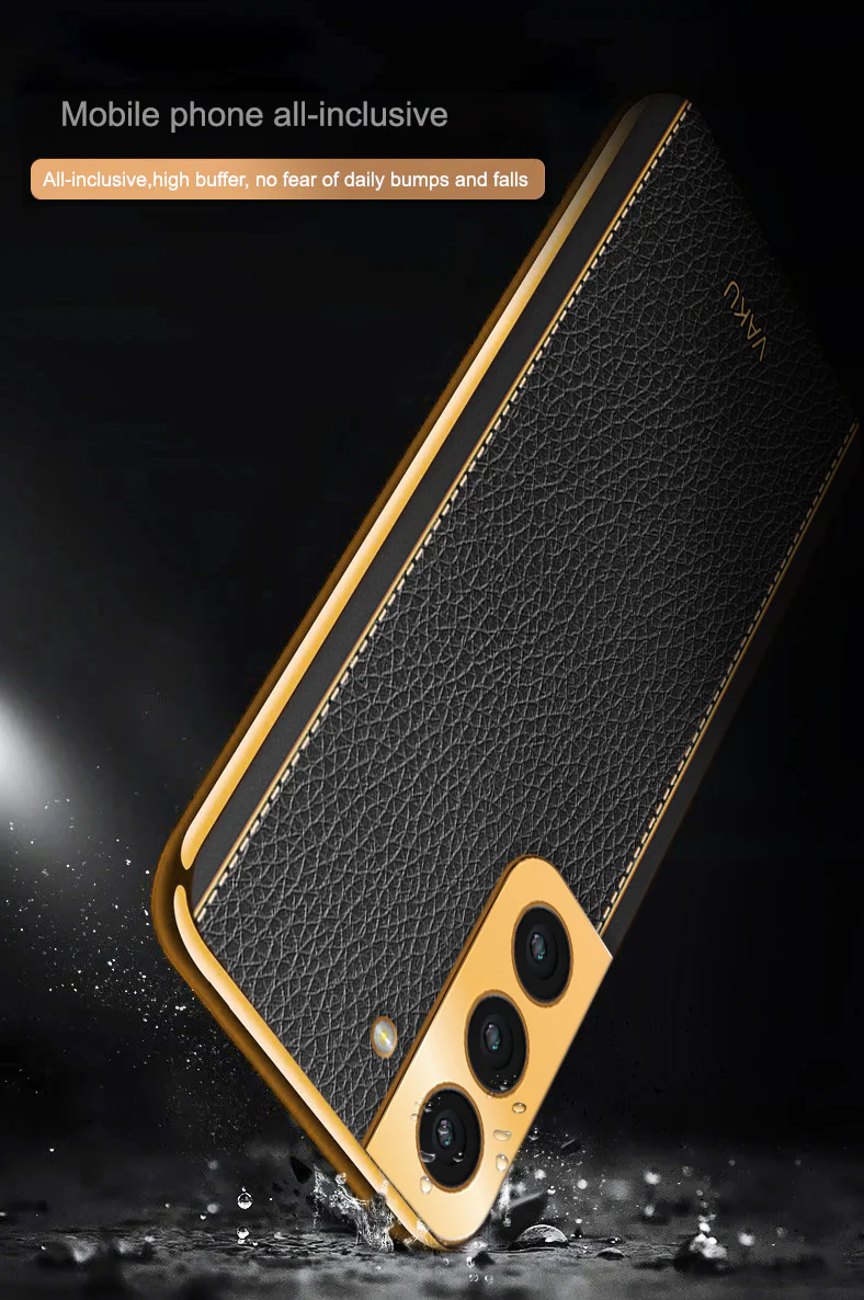 Vaku® Samsung Galaxy S22 Plus Luxemberg Series Leather Stitched Gold Electroplated Soft TPU Back Cover - Image 13