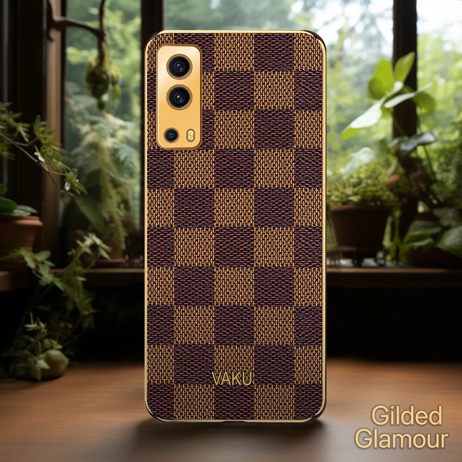 Vaku® Vivo iQoo Z3 5G Cheron Series Leather Stitched Gold Electroplated Soft TPU Back Cover - Image 6