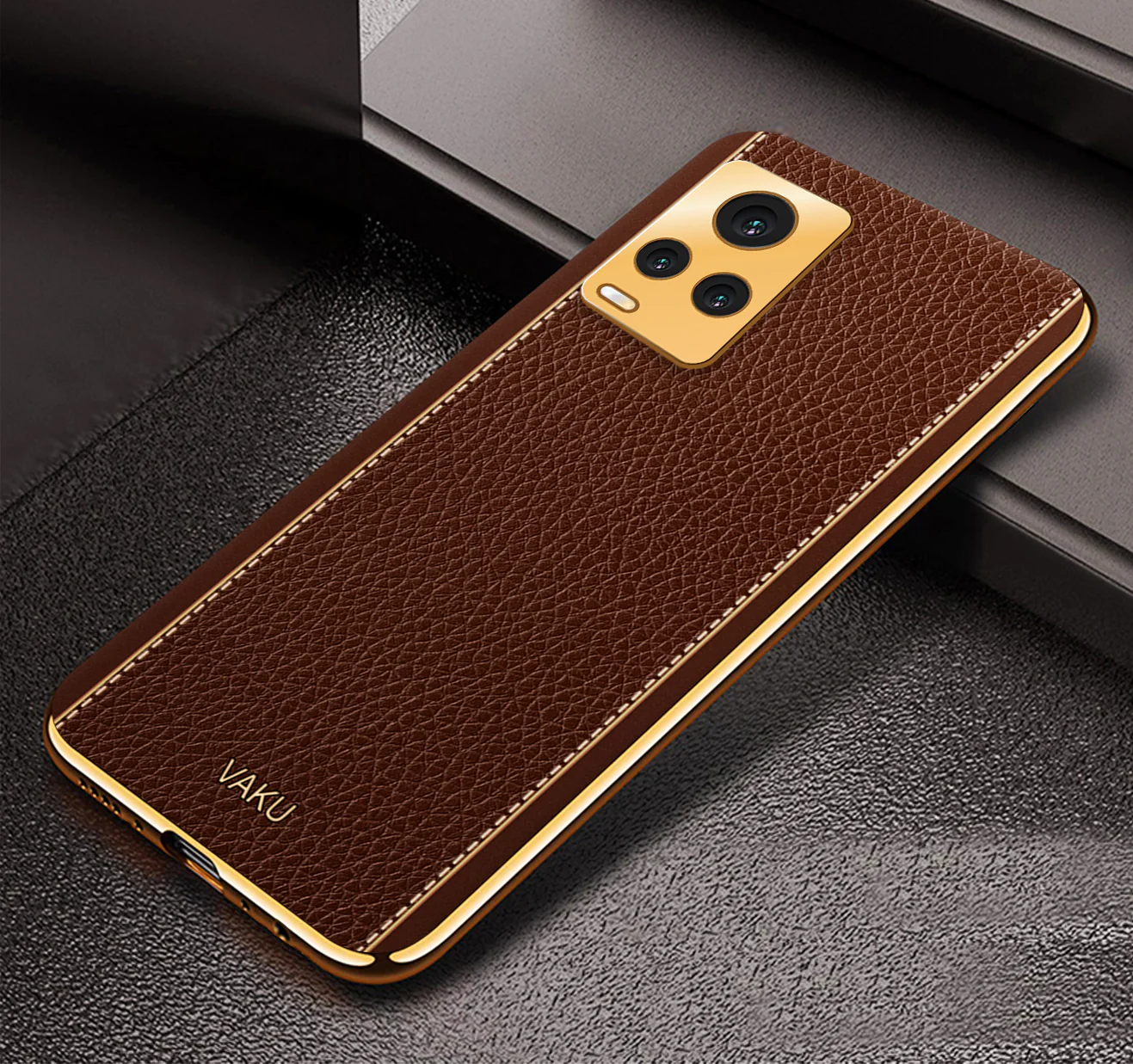 Vaku® Vivo V20 Luxemberg Series Leather Stitched Gold Electroplated Soft TPU Back Cover - Image 7