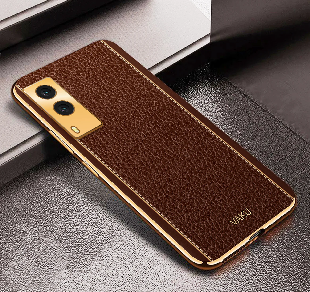 Vaku® Vivo V21e 5G Luxemberg Series Leather Stitched Gold Electroplated Soft TPU Back Cover