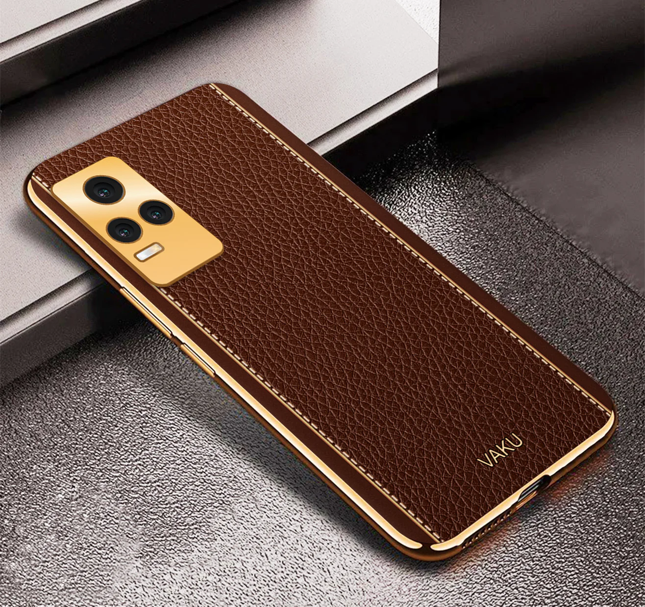 VakuĀ® Vivo Y73 Luxemberg Series Leather Stitched Gold Electroplated Soft TPU Back Cover